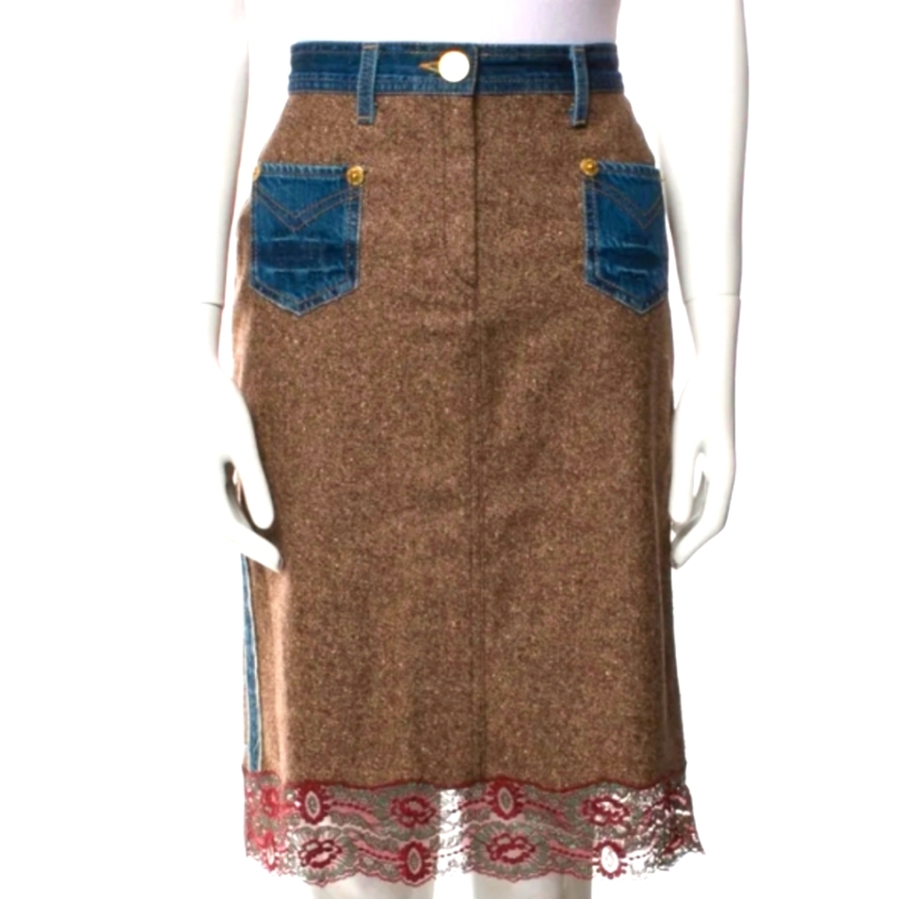 ICEBERG Women's Brown Wool Blend Pencil Skirt Denim Pockets Lace Hem Size 40